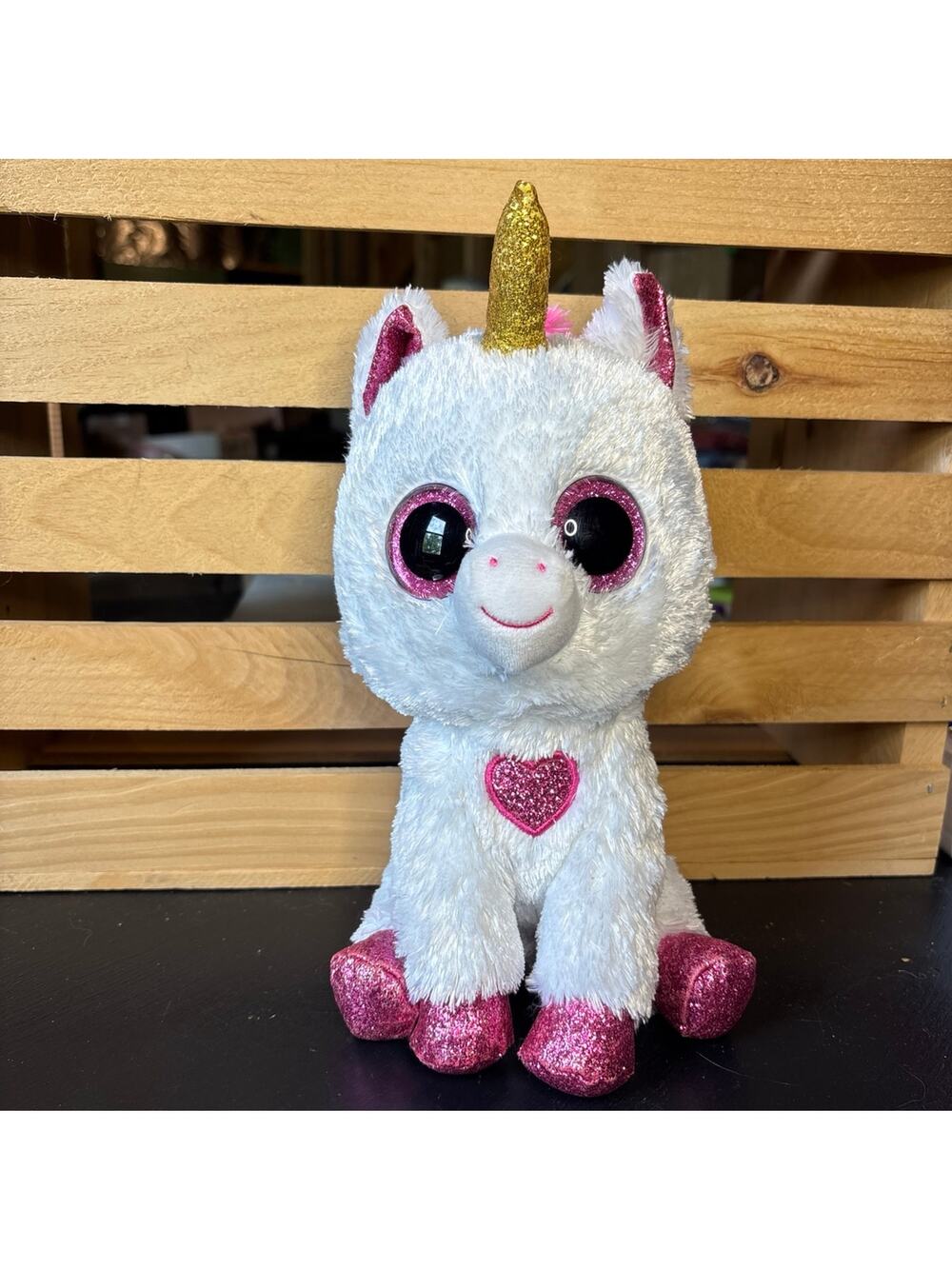 Ty Silk Beanie Boo Unicorn Cherie Pink Heart Glitter Stuffed Animal 10" Plush